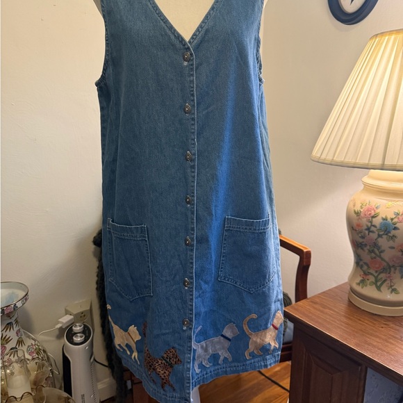 torpedo international Dresses & Skirts - Vtg Torpedo International Blue Jean Denim Button Up Jumper Retro Pockets CATS S